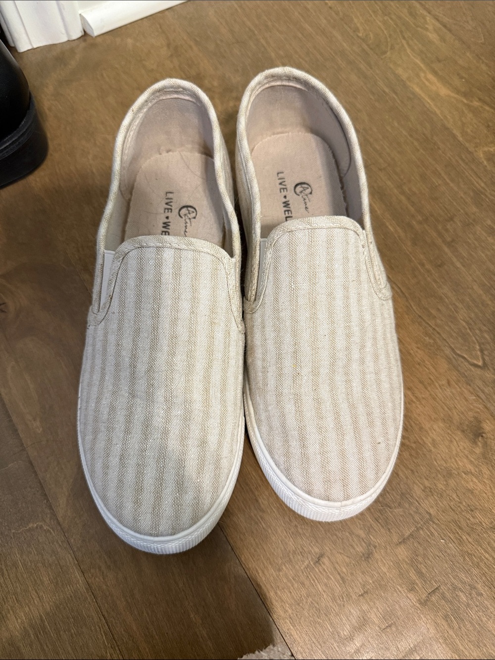 Live & Well Beige Striped Slip-On Sneakers